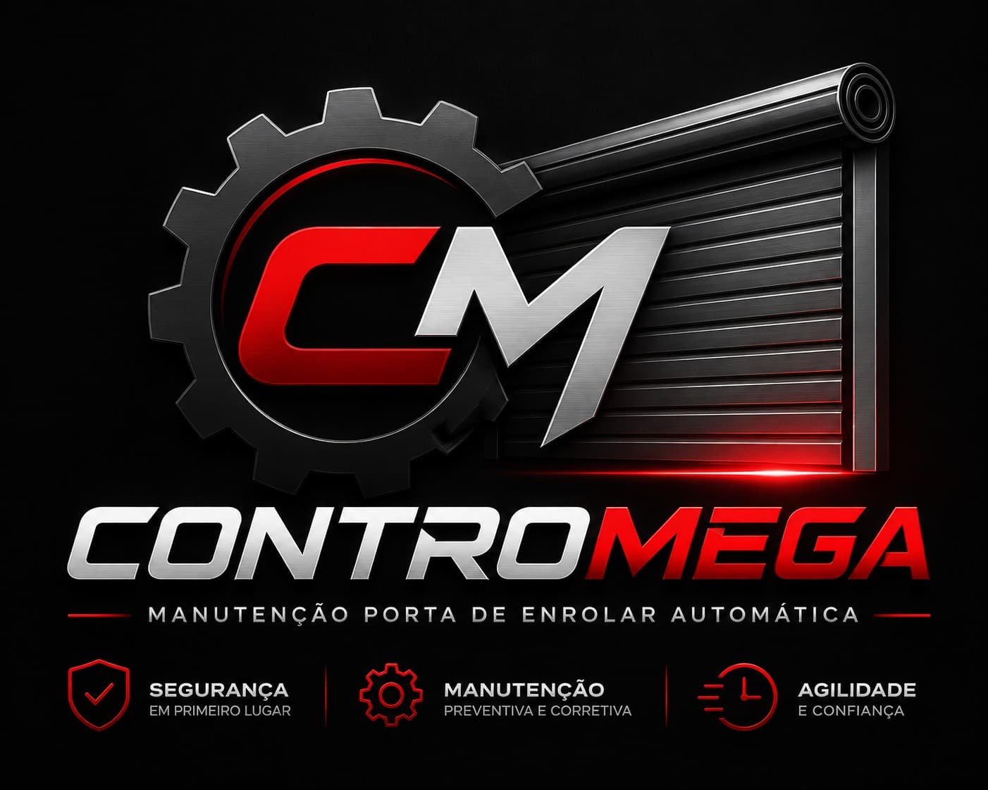 Logo da Contromega, com a porta de enrolar e os destaques: segurança em primeiro lugar, manutenção preventiva e corretiva, agilidade e confiança